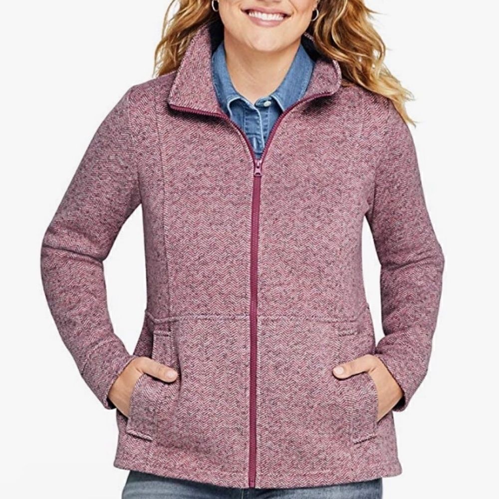 Lands’ End Pink Herringbone Fleece Full Zip Jacket Size Small